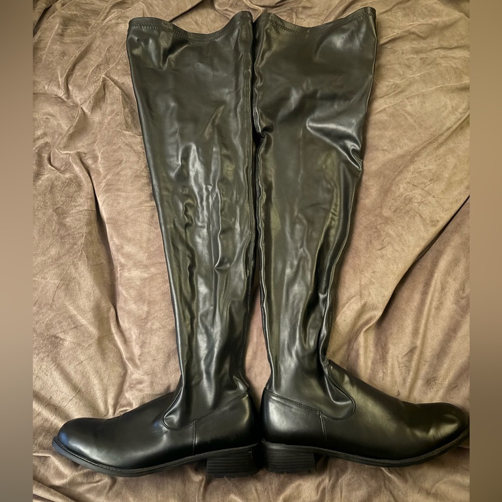 Liquid leather thigh high boots